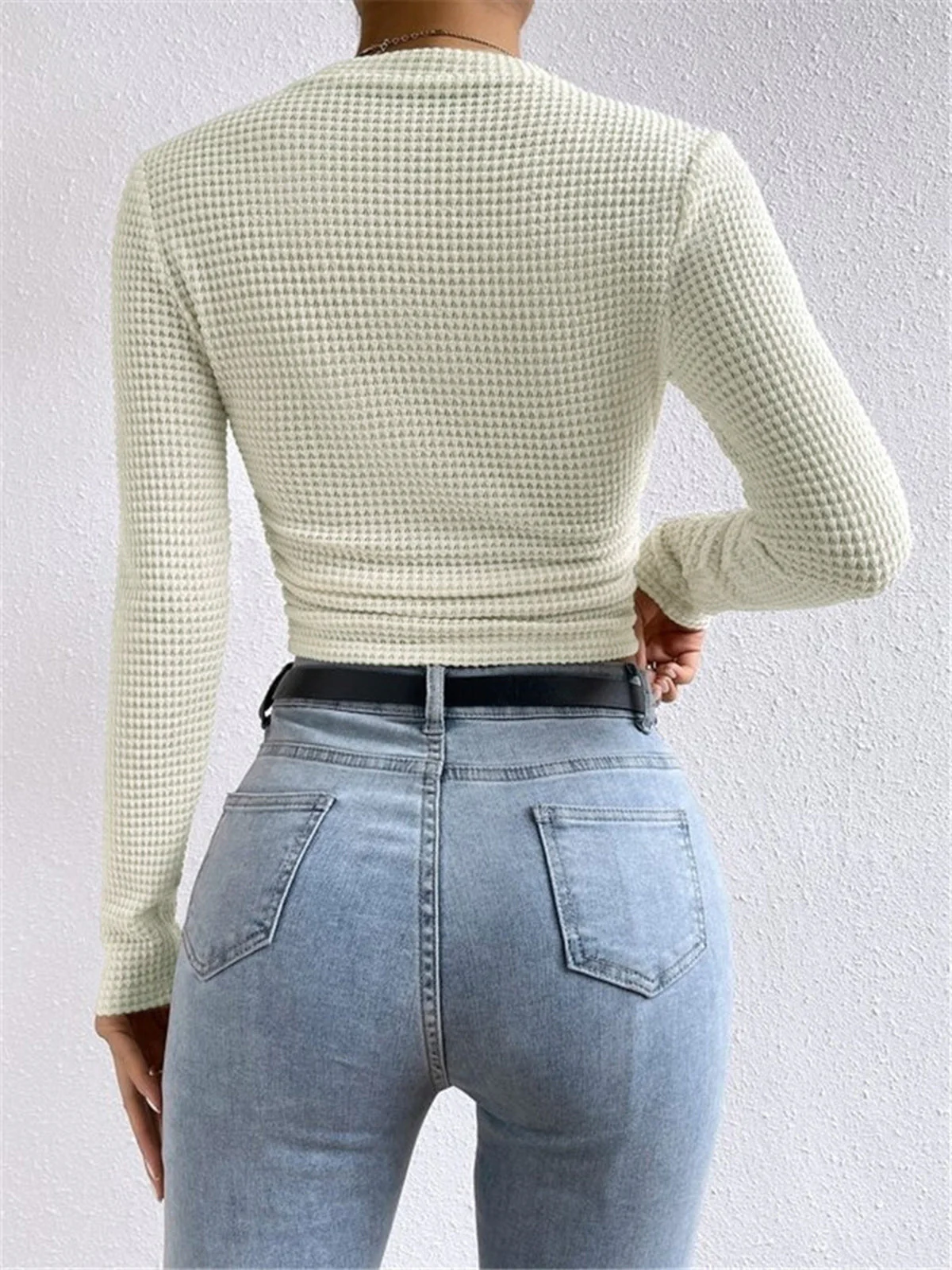 Sage | Women's Fitted Waffle Knit Long Sleeve Top - Image 4