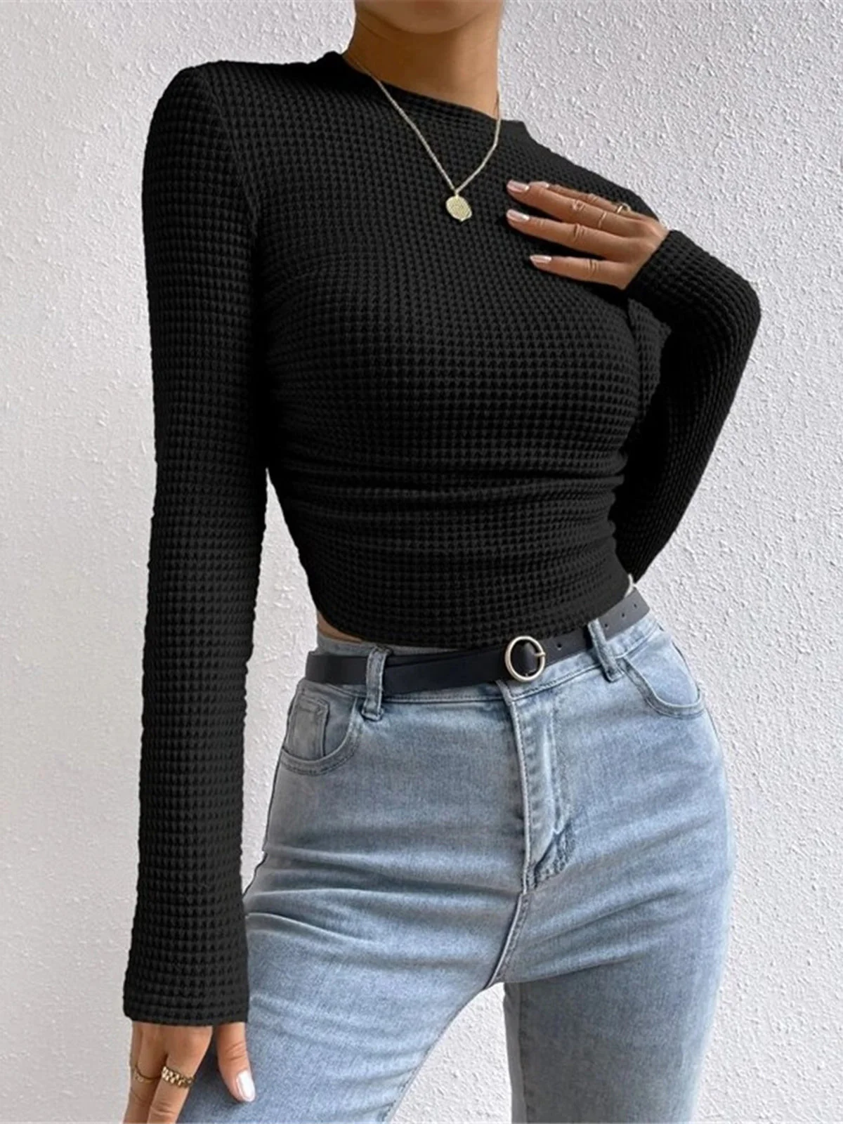 Sage | Women's Fitted Waffle Knit Long Sleeve Top - Image 7